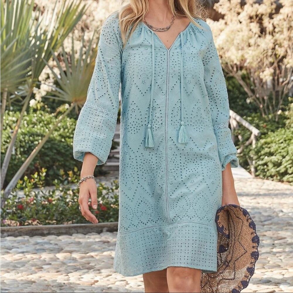 Sundance Women's Aqua Cotton Coastland Long Peasant Sleeves Shift Dress sz PS